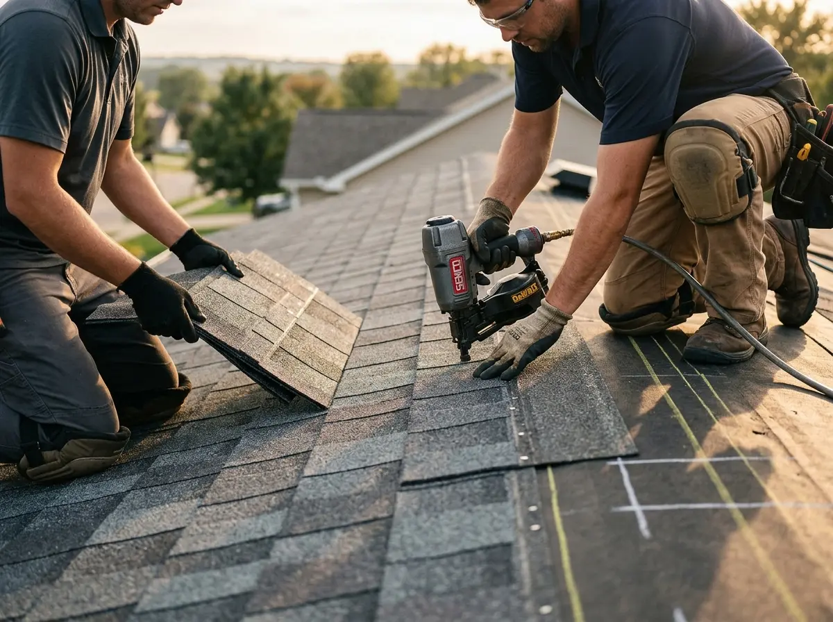 Professional roofer working on a residential roof in Cadillac